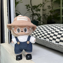 17cm Labubu Outfit Set – White T-Shirt, Denim Overalls, Khaki Hat