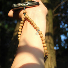 Natural Green Sandalwood Phone Charm | Scented Wood Beaded Phone Wristlet with Lucky Four-Leaf Clover