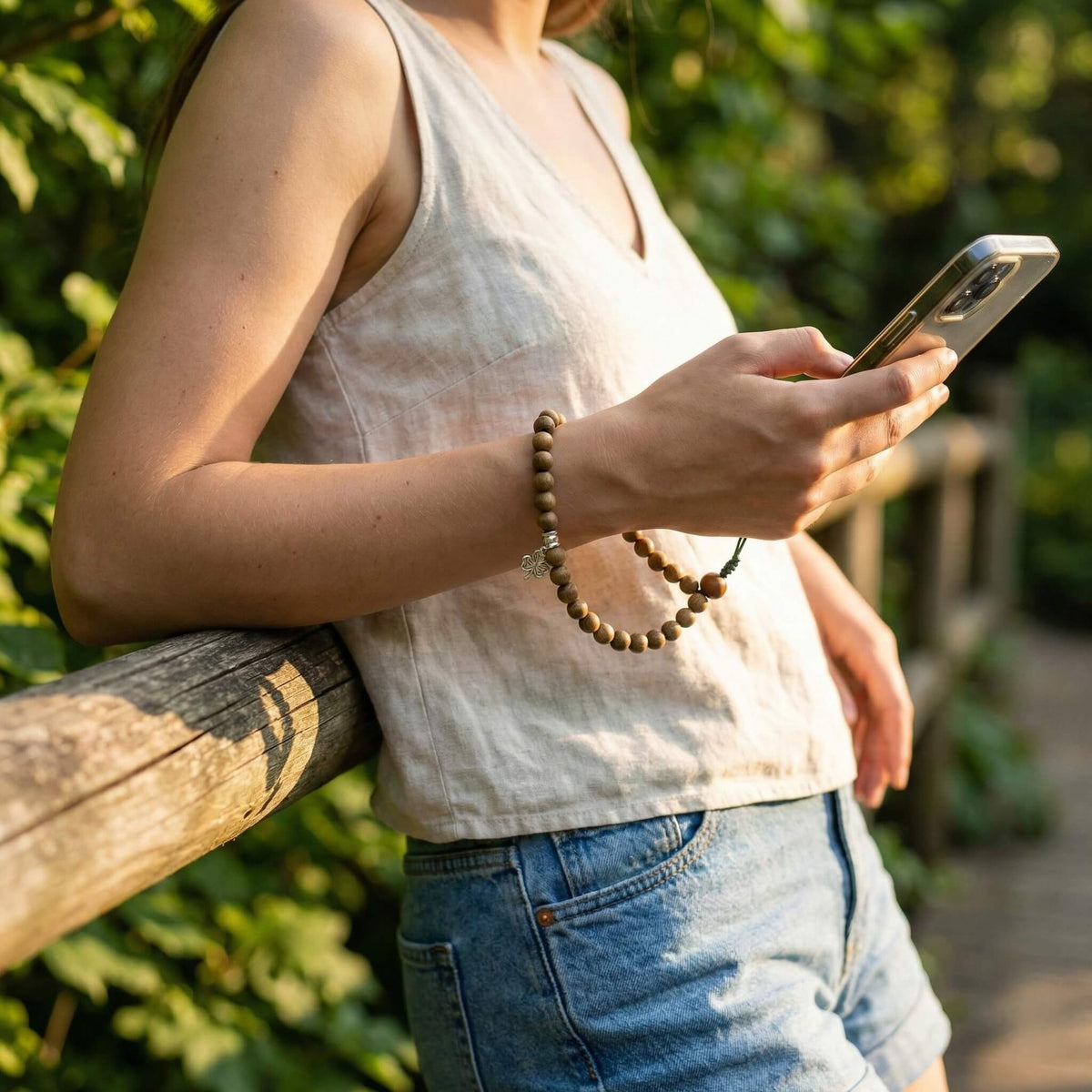 Natural Green Sandalwood Phone Charm | Scented Wood Beaded Phone Wristlet with Lucky Four-Leaf Clover